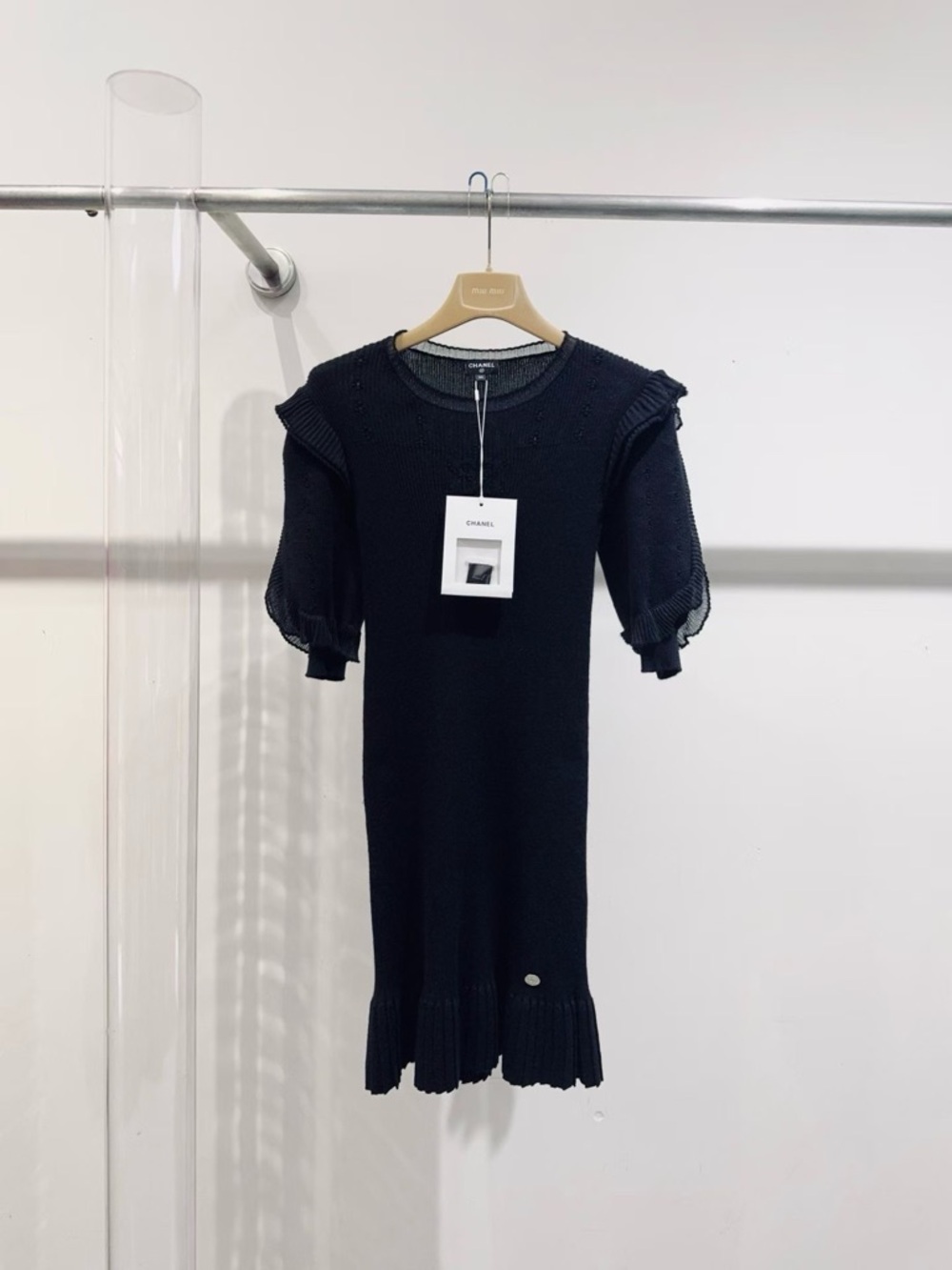 🚩steal Chanel Black Knit Puff-Sleeve Dress